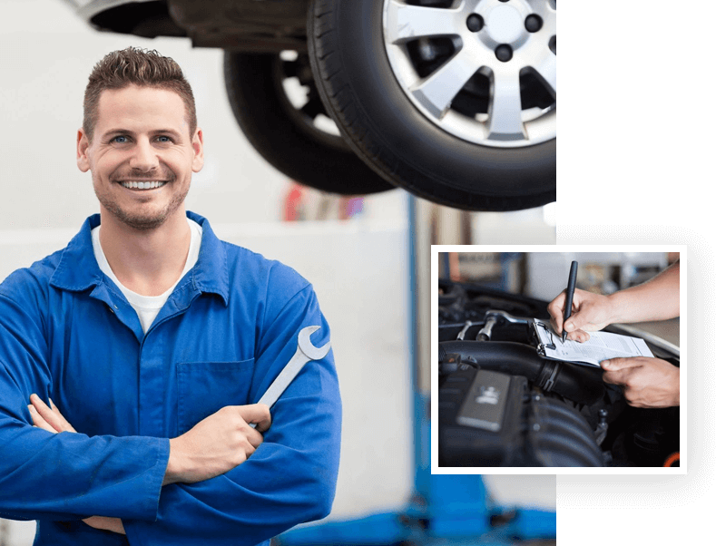 A man in blue work clothes holding a wrench.