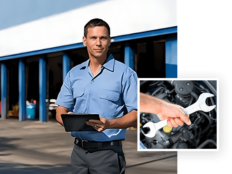 A man holding a tablet and a wrench